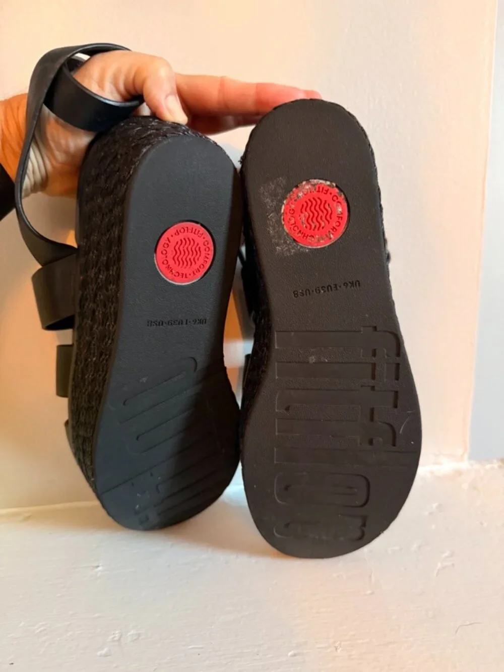 FitFlop Eloise Black Ankle Strap Open Toe Strappy Upper Espadrille Wedge Sandals